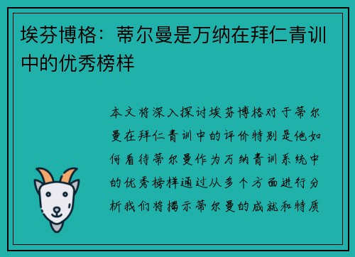 埃芬博格：蒂尔曼是万纳在拜仁青训中的优秀榜样