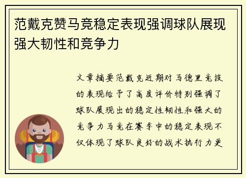 范戴克赞马竞稳定表现强调球队展现强大韧性和竞争力