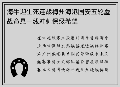 海牛迎生死连战梅州海港国安五轮鏖战命悬一线冲刺保级希望